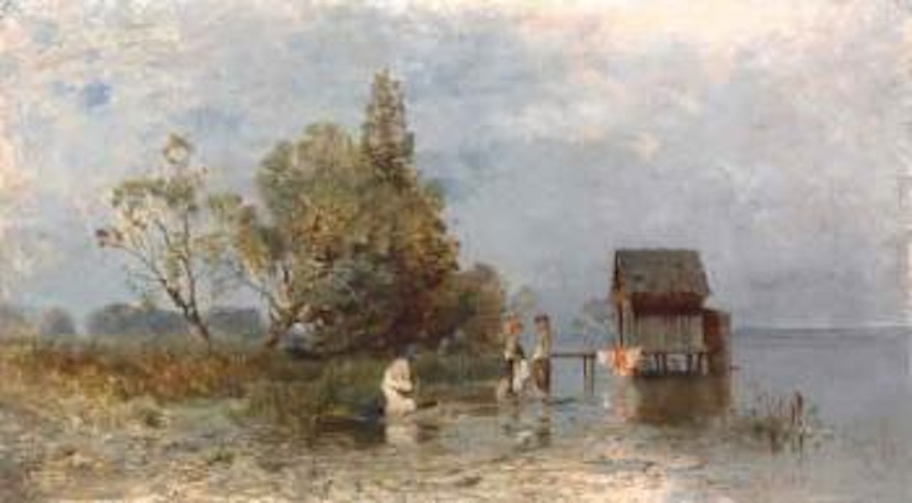 Coastal scene with family outside a fishing shack by Géza Meszöly