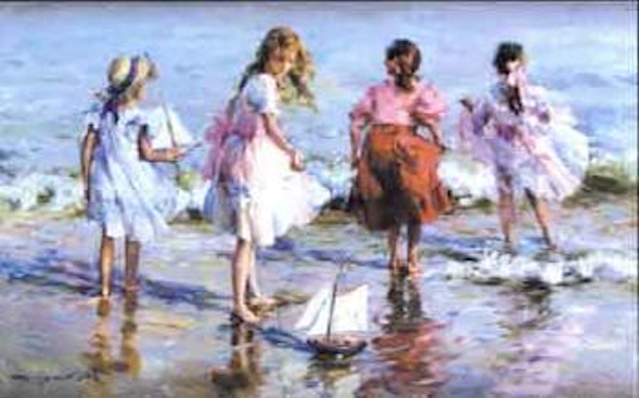 Young girls with toy yachts in the waves by Constantin Razoumov