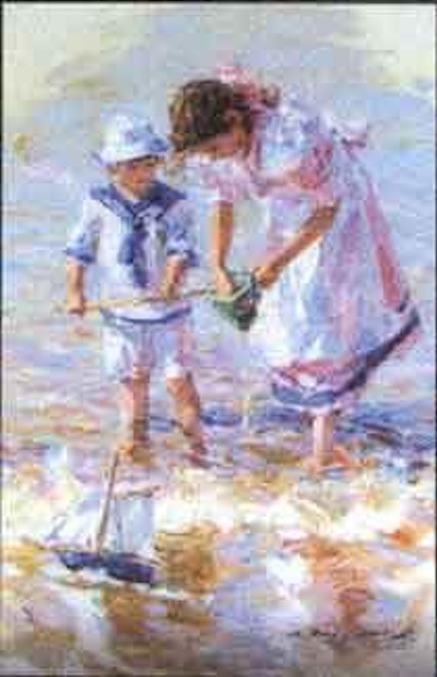 Children with net and yacht on the beach by Constantin Razoumov