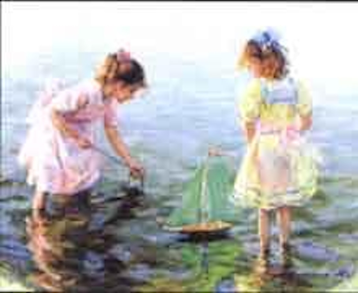 Two girls with toy yachts on the beach by Constantin Razoumov