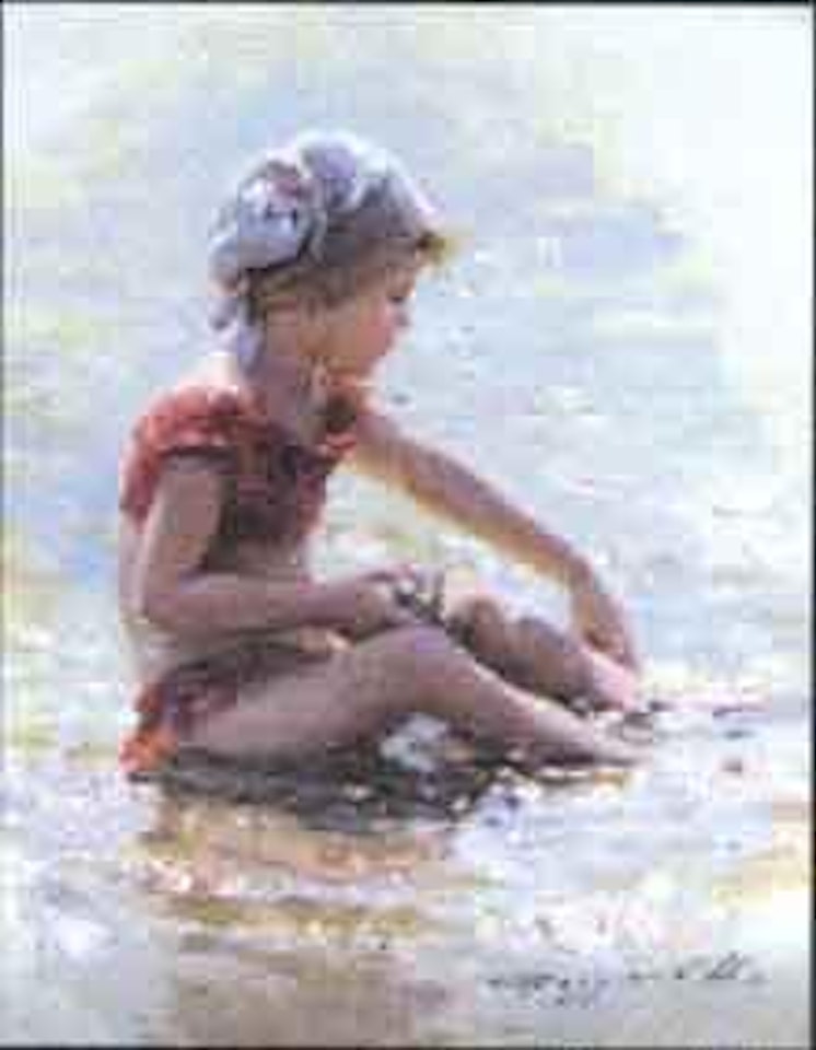 Little girl in red playing on the beach by Constantin Razoumov