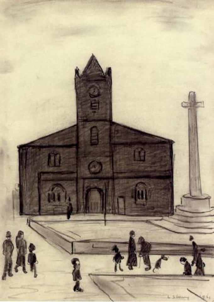 Figures in front of a church by Laurence Stephen Lowry