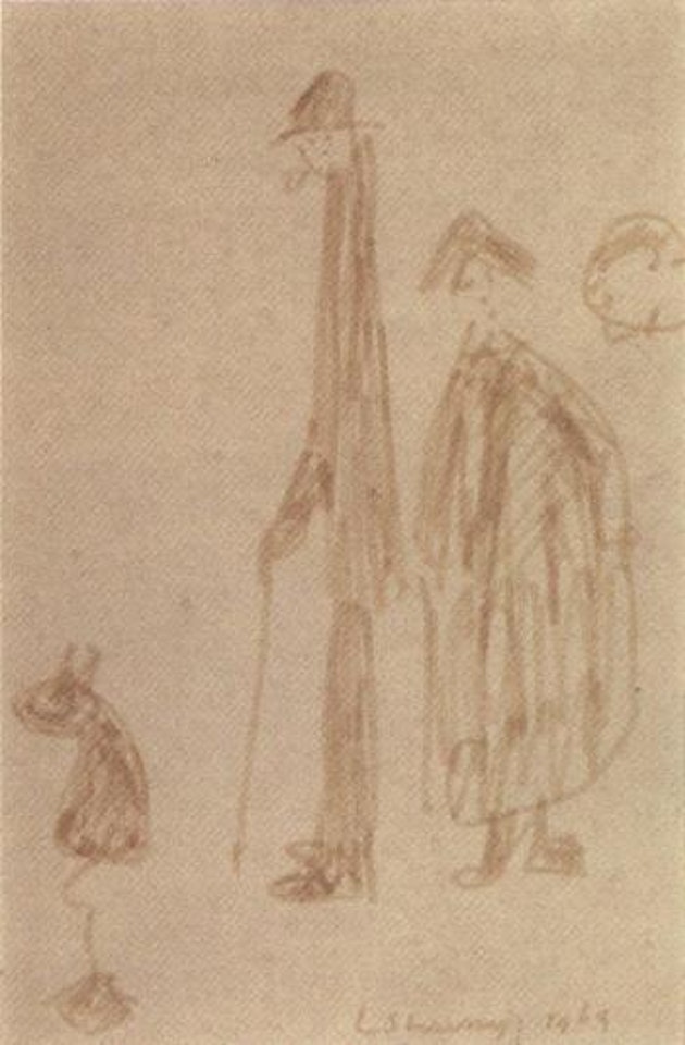 Three figures and a dog with a tin can tied to its tail by Laurence Stephen Lowry
