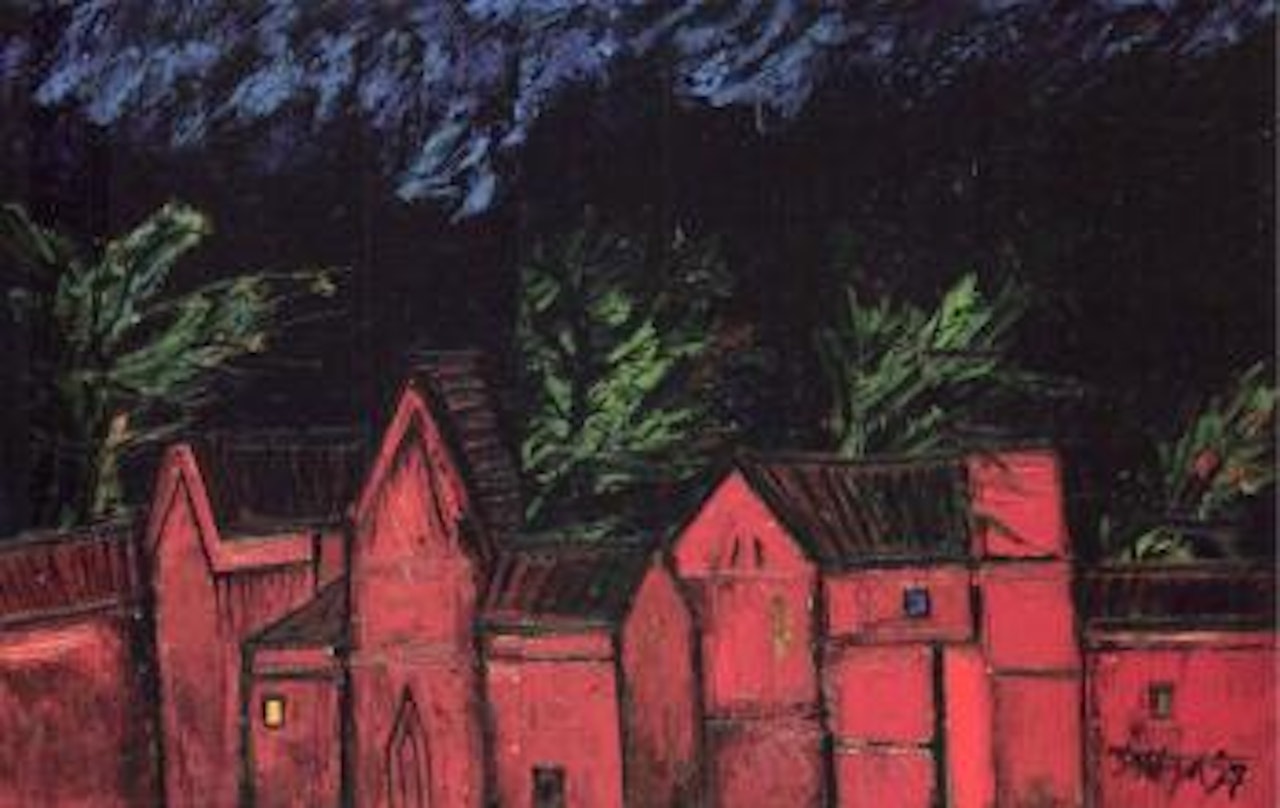 Row of red houses with trees by Francis Newton Souza