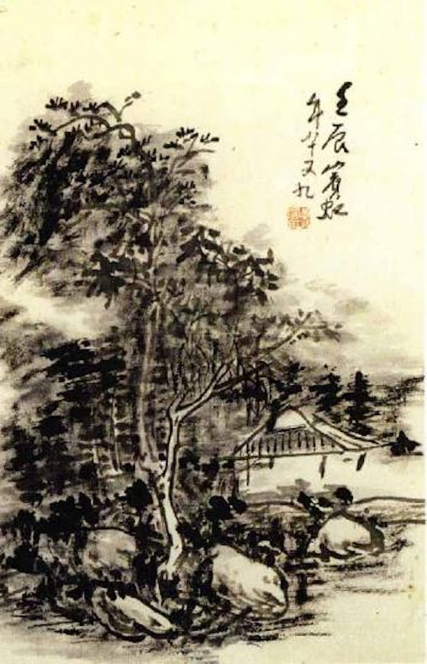 Vacant pavilion on the river bank by Huang Binhong