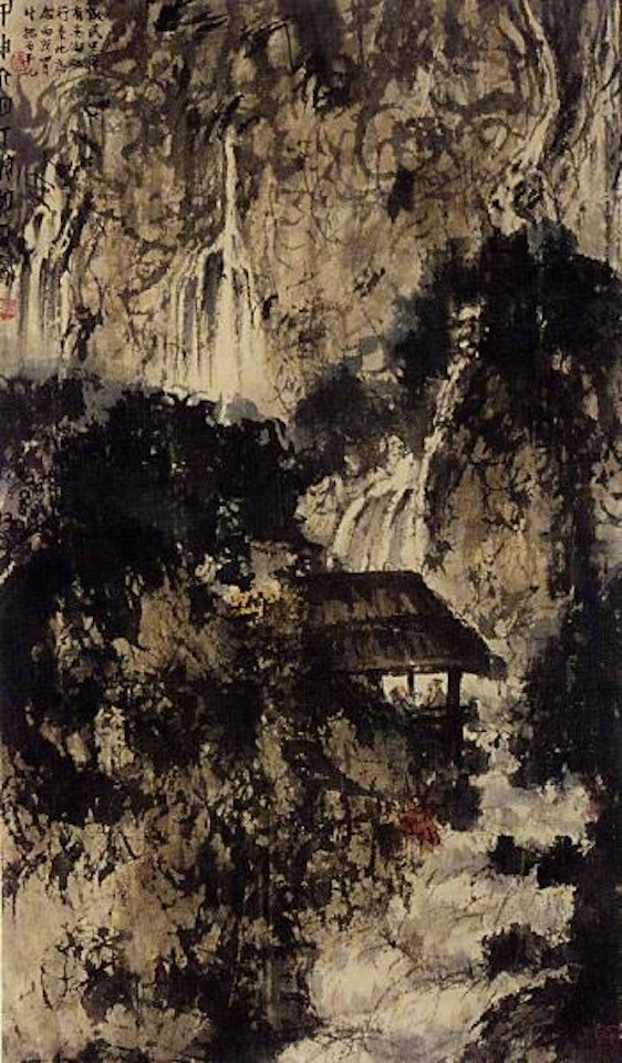 Viewing a waterfall in a pine pavilion by Fu Baoshi