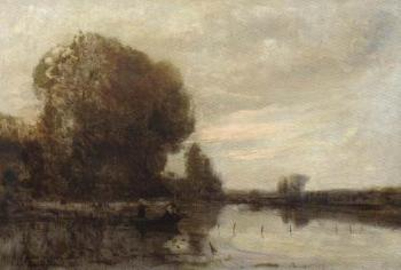 Pecheurs en barque au bord de la riviere by Henri Harpignies