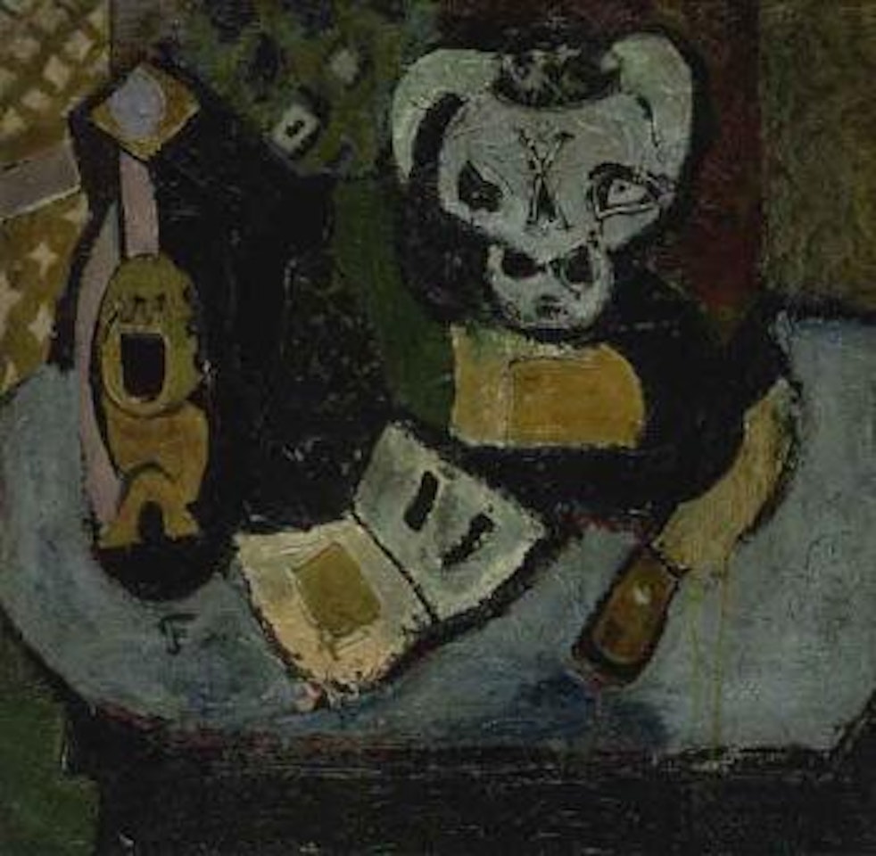 Still life with bull's skull, bottle and book by Emil Filla