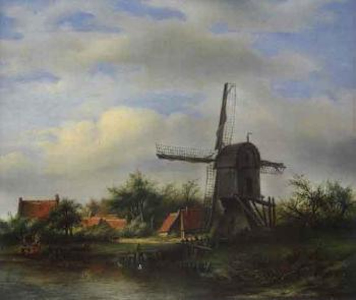 Dutch river landscape with windmill by Barend Cornelis Koekkoek