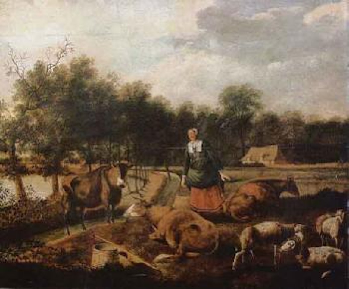 Peasant woman with cows and sheep by water by Egbert van Heemskerk III