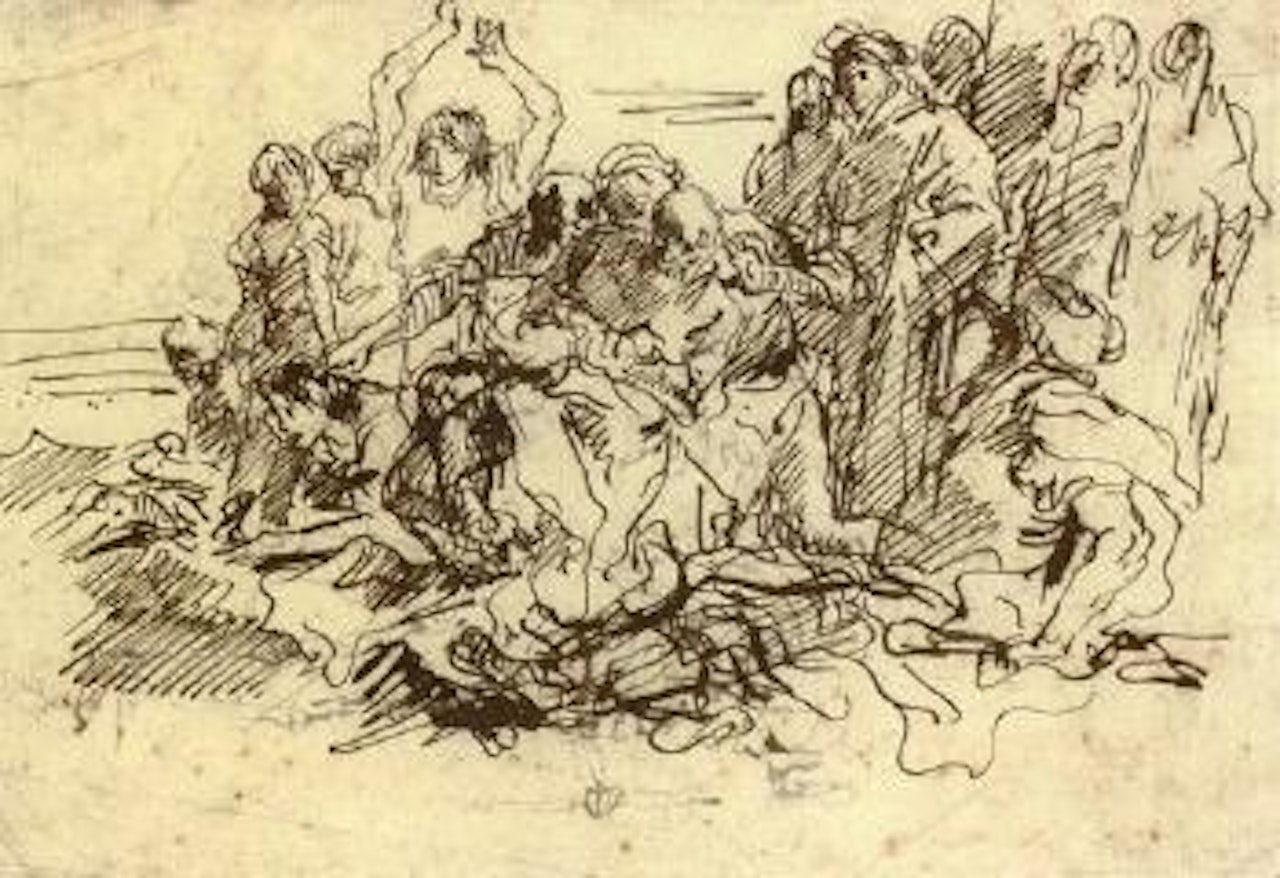 Alarmed spectators. Skeleton and old man by Giovanni Domenico Tiepolo