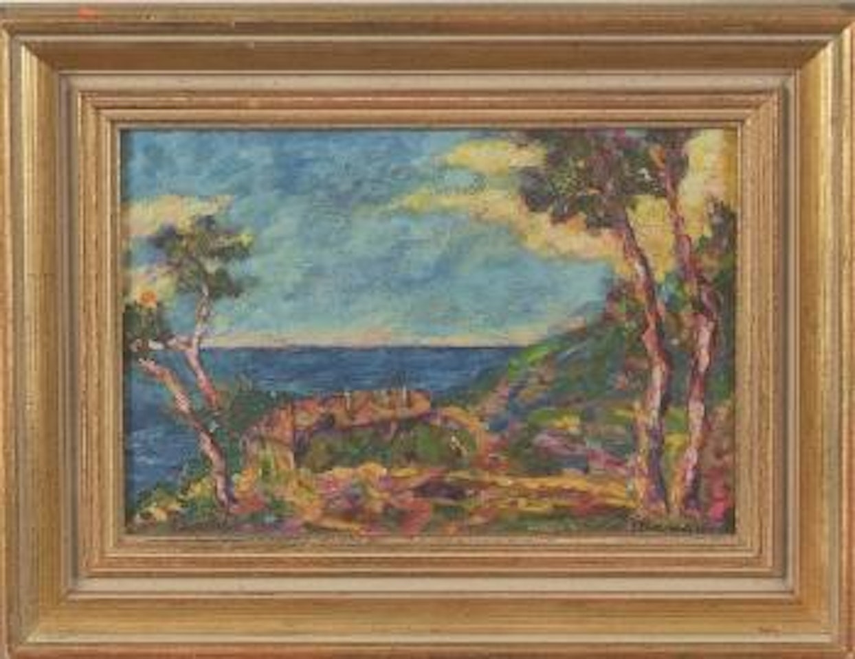 Sunset by the coast overlooking trees and house by Henri Manguin