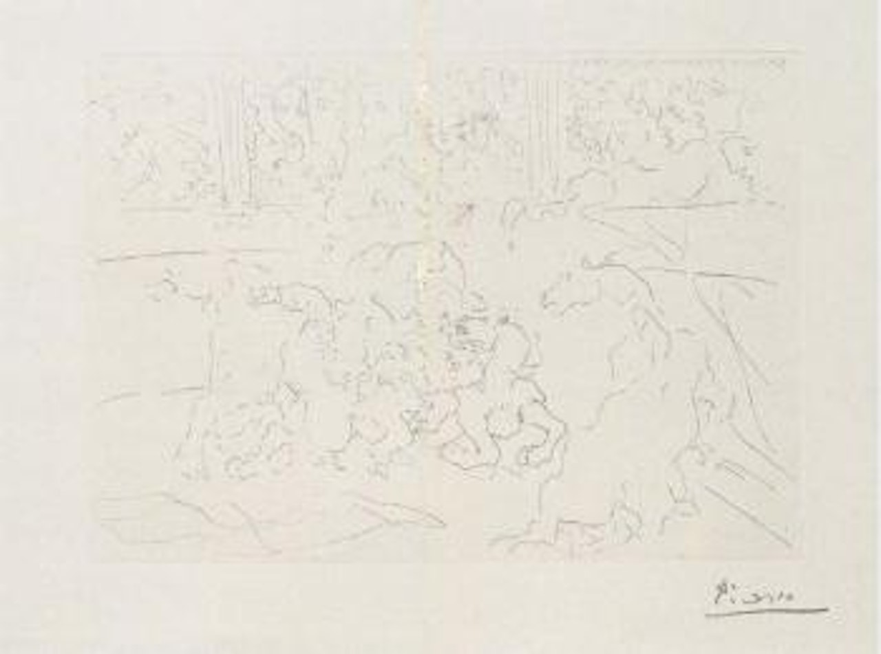 Taureau et chevaux dans l'arene by Pablo Picasso