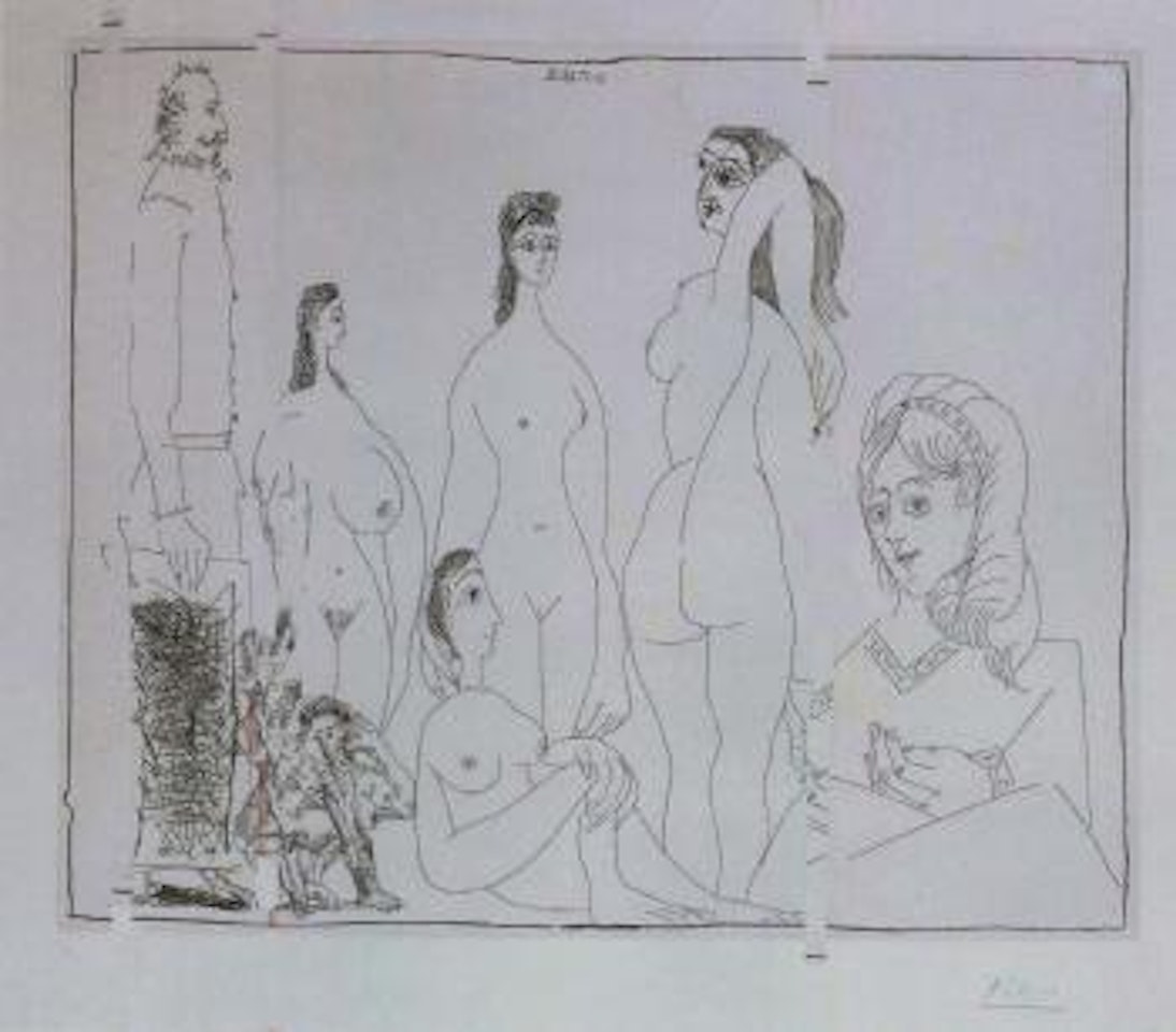 Peintre longiligne avec des femmes, dont une petite pisseuse by Pablo Picasso