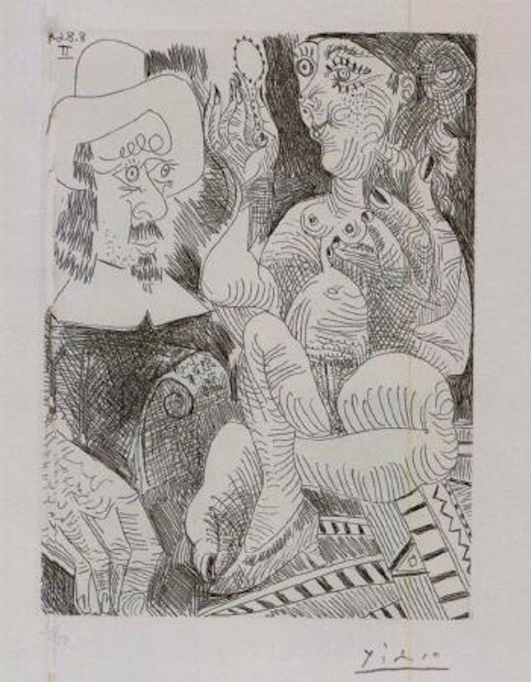 Femme a s toilette et homme au chapeau Rembranesque by Pablo Picasso