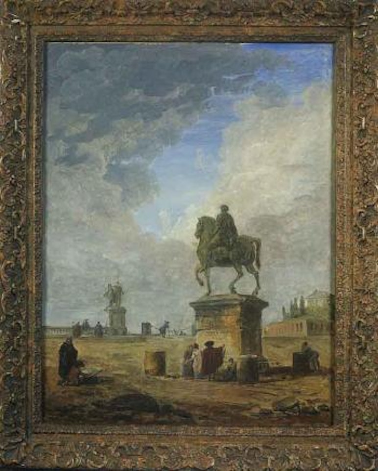 La statue de Marc Aurele sur les hauterus du Capitole by Hubert Robert
