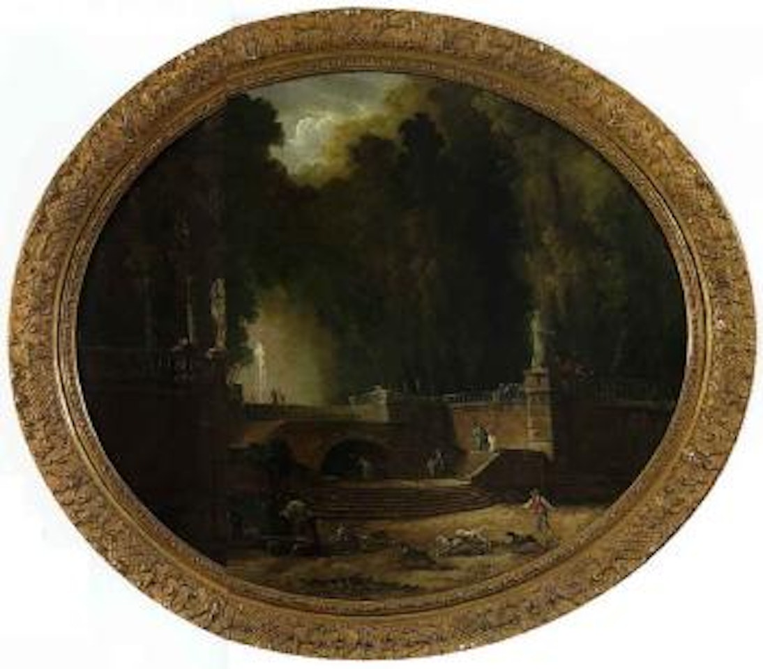 Grand escalier dans un parc sous les frondaisons by Hubert Robert