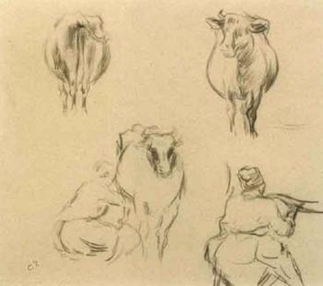 Une femme trayant une vache et deux etudes de vaches by Camille Pissarro