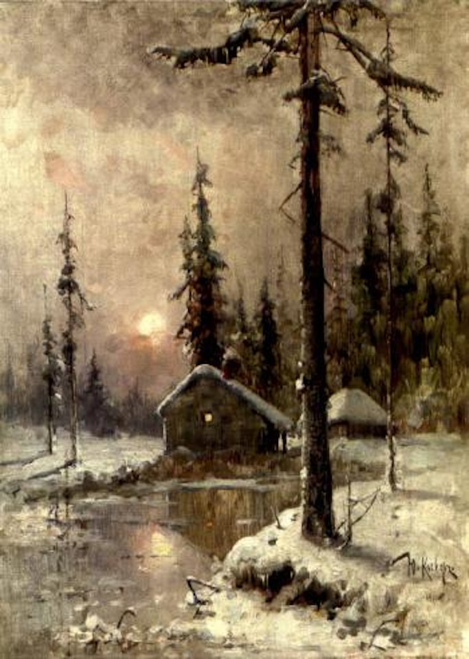 Winter scene with snowcapped cottages by Yuli Yulievich Klever the Younger