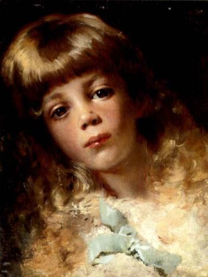Portrait of a young girl wearing a blue ribbon by Konstantin Makovsky