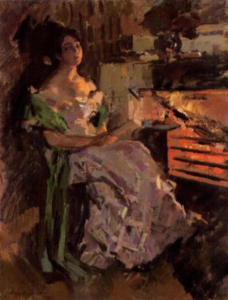 Woman reading by the hearth by Konstantin Alekseevich Korovin