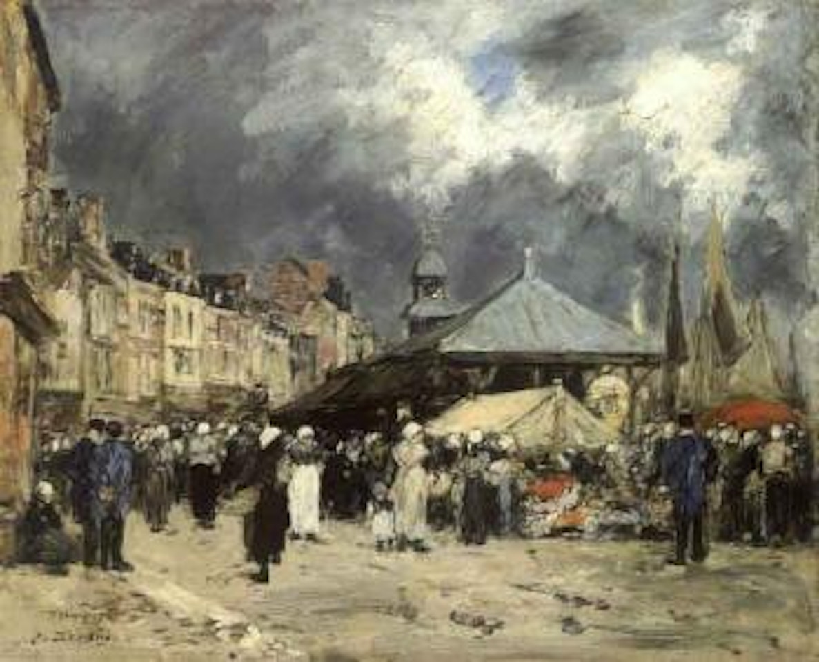 Le marche et la halle aux poissons a Trouville by Eugène Boudin
