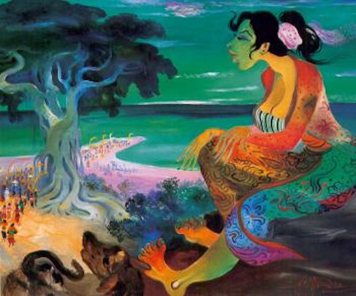 Lady overlooking procession by beach by Hendra Gunawan