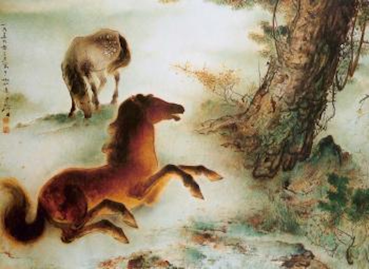 Twin horses by tree by Lee Man Fong