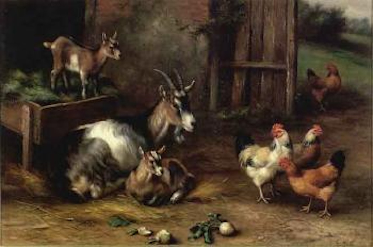 A farmyard with three goats by a manger and hens nearby by Edgar Hunt