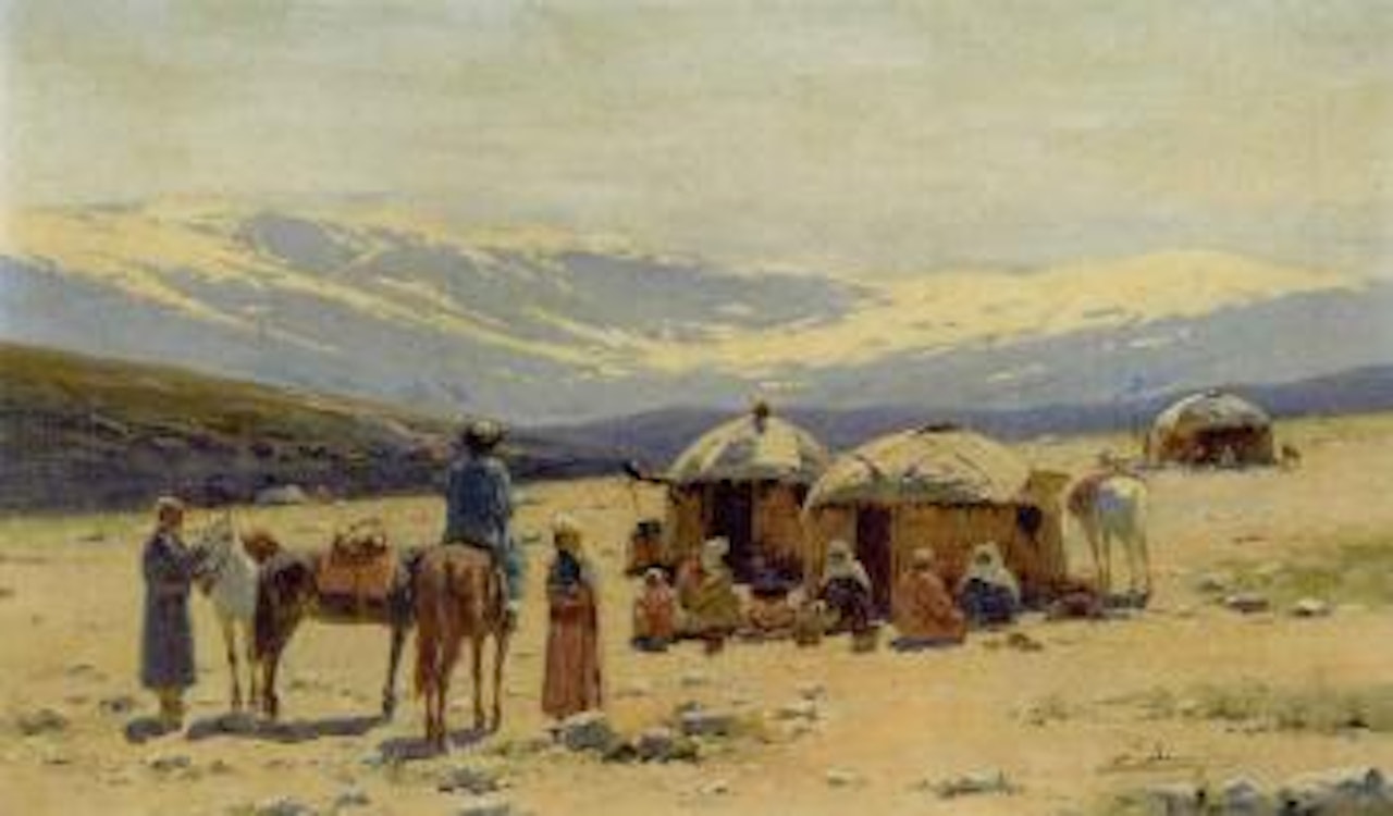 Kirghiz nomads before the mountains by Richard Karlovich Zommer