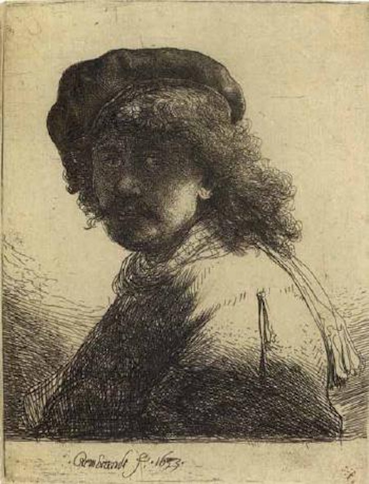 Self portrait in a cap and scarf by Attributed to Rembrandt Harmensz van Rijn