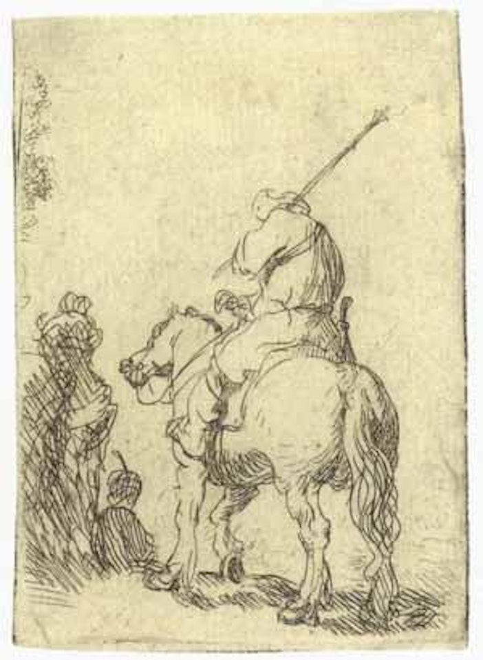 A turbaned soldier on horseback by Attributed to Rembrandt Harmensz van Rijn