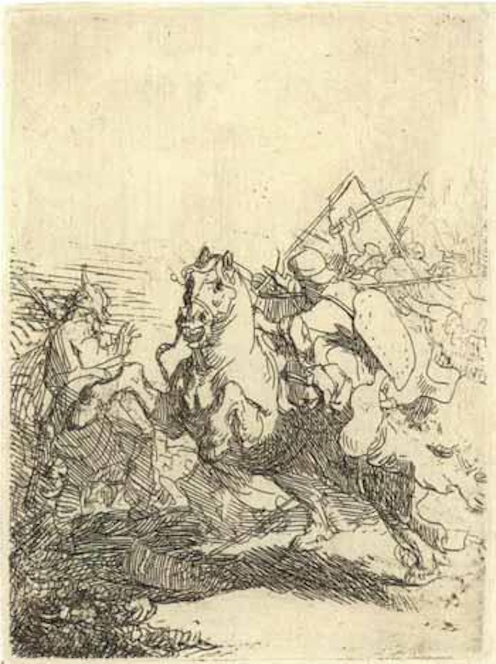 A cavalry fight by Attributed to Rembrandt Harmensz van Rijn