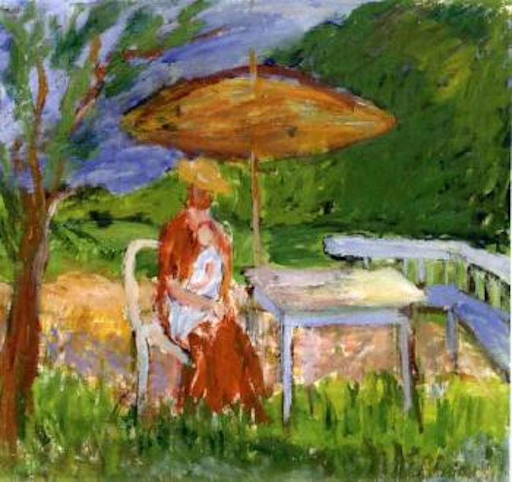 Woman and small child under parasol by Ivan Ivarson