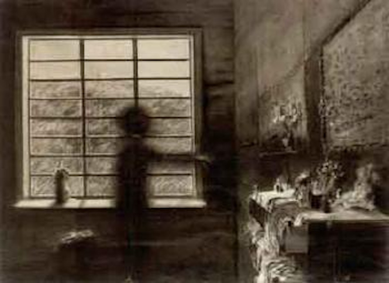 Interior scene with woman painting by Roj Friberg