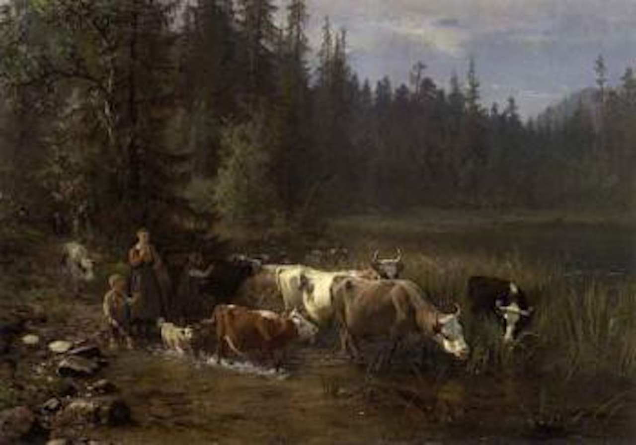 Summer landscape with cattle by the tarn by Anders Monsen Askevold