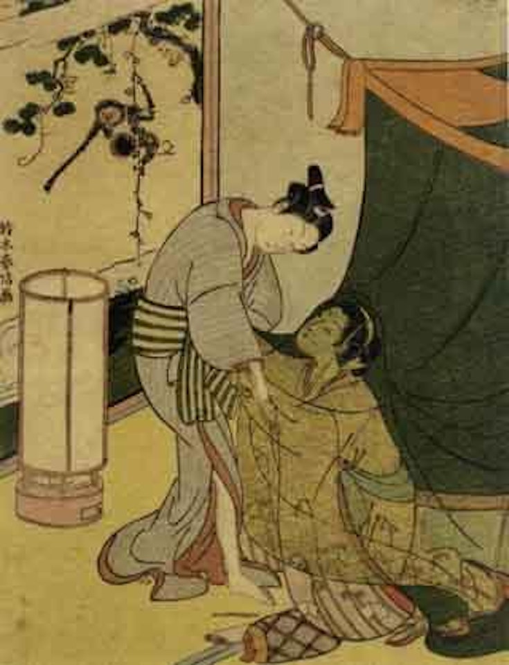 Beauty inside a mosquito net beseeching her lover as he leaves by Suzuki Harunobu