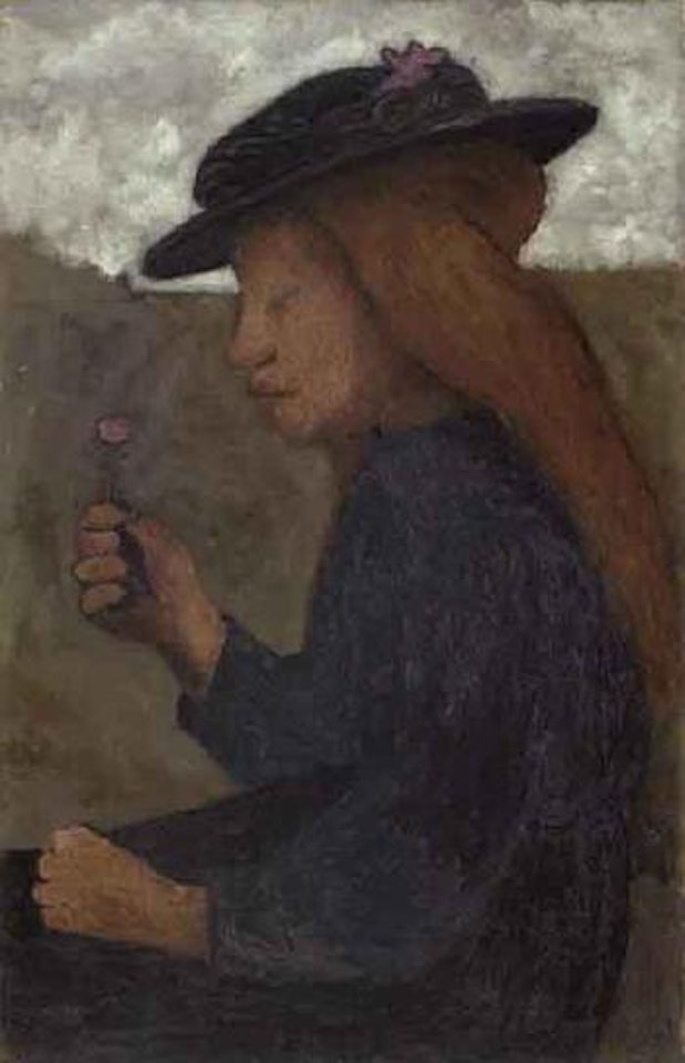 Seated girl with black hat and holding flower by Paula Modersohn-Becker