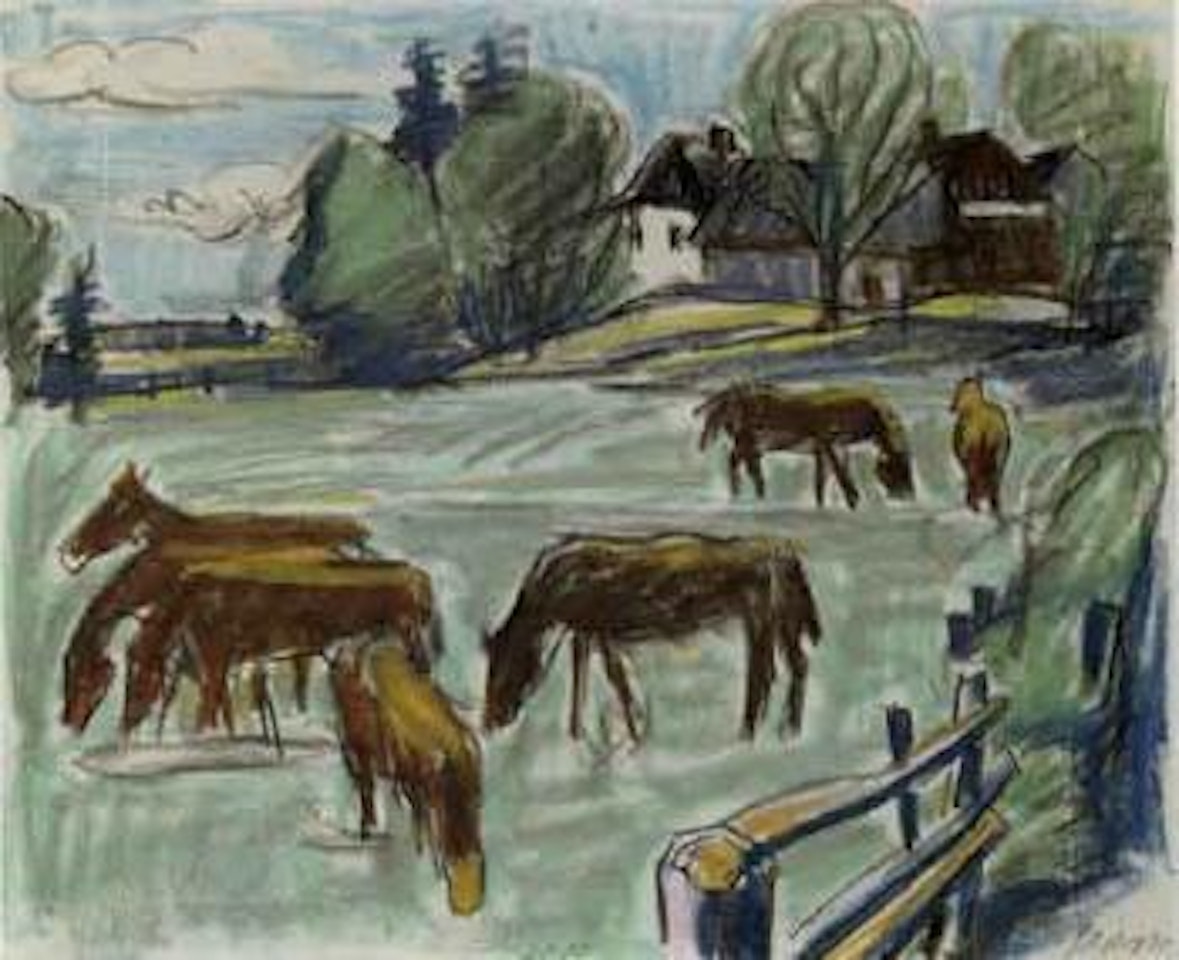 Landscape with horses grazing in meadow by Max Pechstein