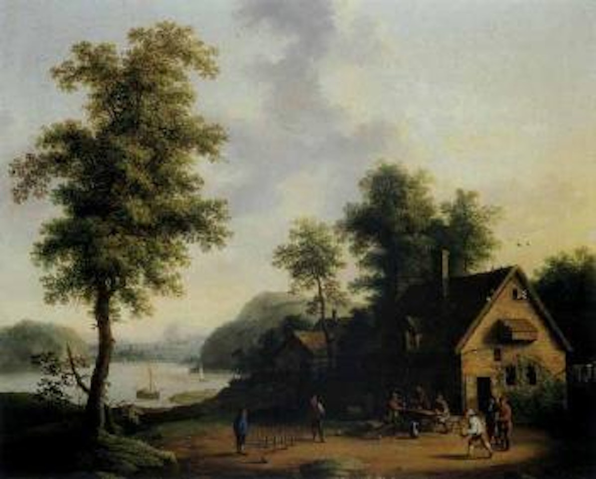 River landscape with peasants playing skittles by Jacob Philipp Hackert