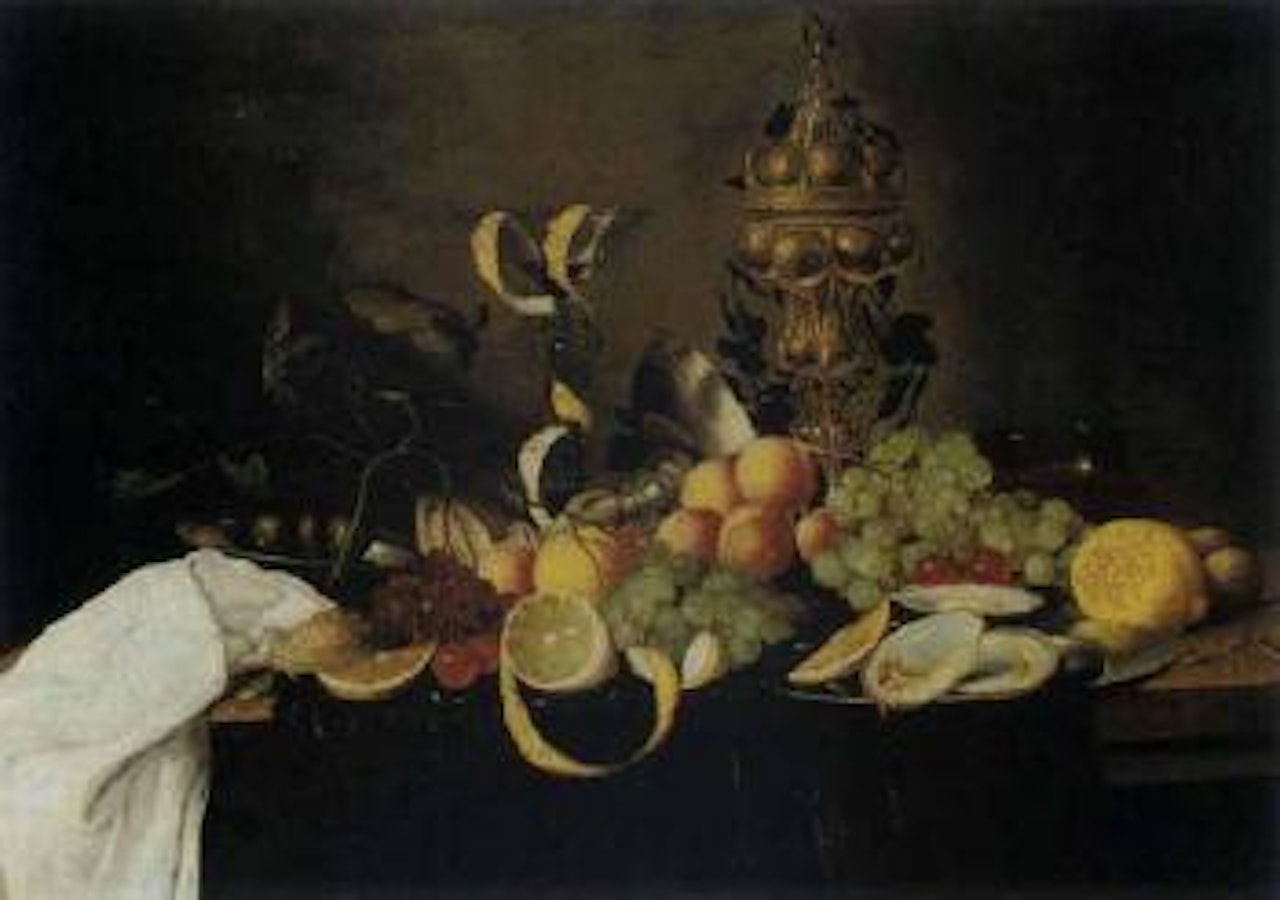 Still life of fruit, oysters, glass and golden goblet by Jan Pauwel Gillemans