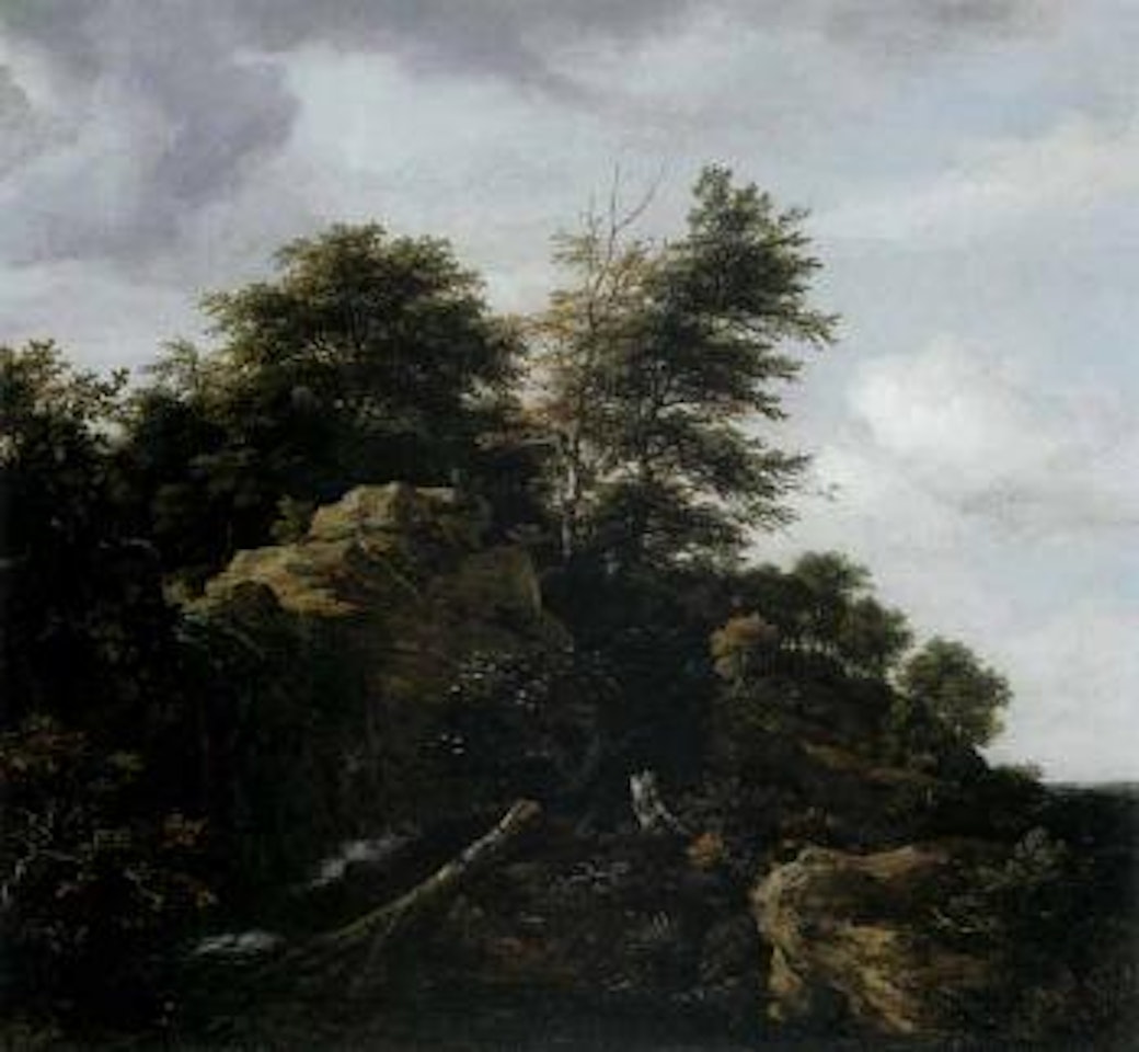 Wooded landscape on a rocky hill with waterfall by Jacob Salomonsz. van Ruysdael