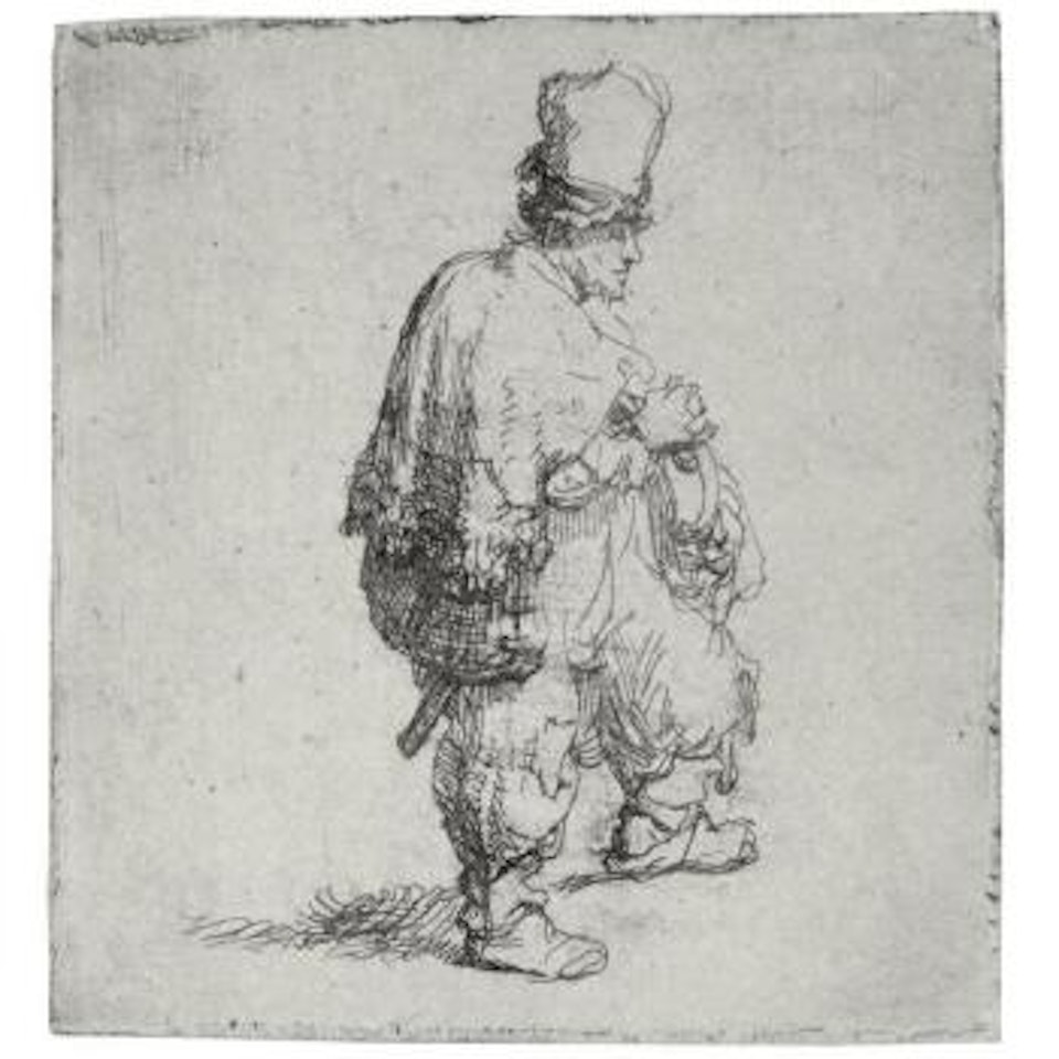 Plander standing with arms folded by Attributed to Rembrandt Harmensz van Rijn