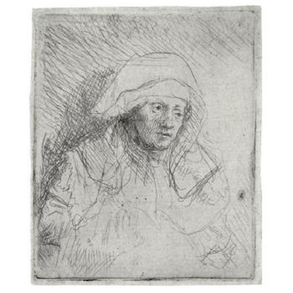 Sick woman with a large white head-dress by Attributed to Rembrandt Harmensz van Rijn