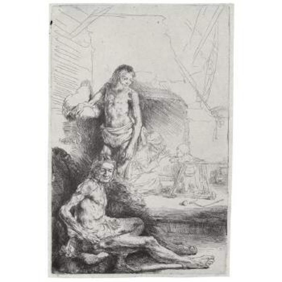 A nude man seated and another standing with a woman and a baby by Attributed to Rembrandt Harmensz van Rijn