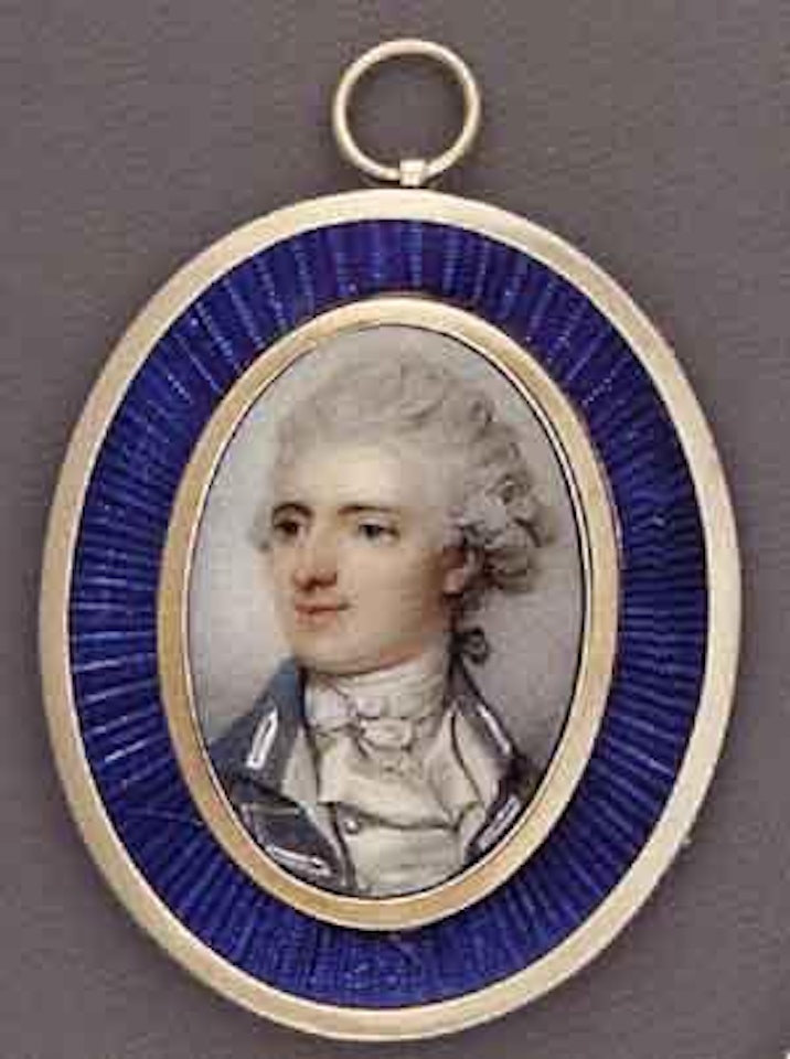 Young gentleman in blue coat with white button loops, waistcoat and cravat by Richard Cosway