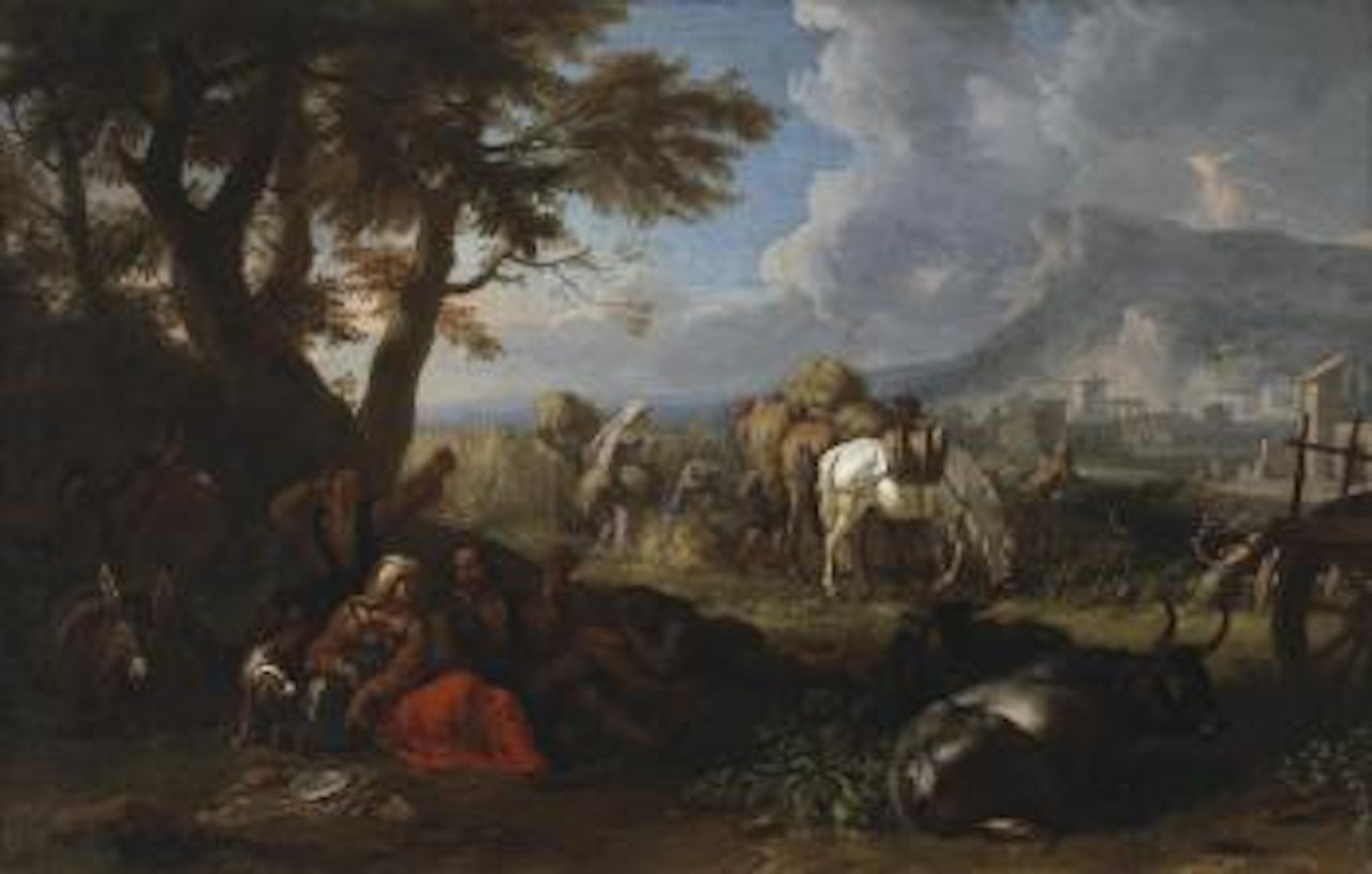 An extensive landscape with harvesters working in a field and others resting by Pieter van Bloemen