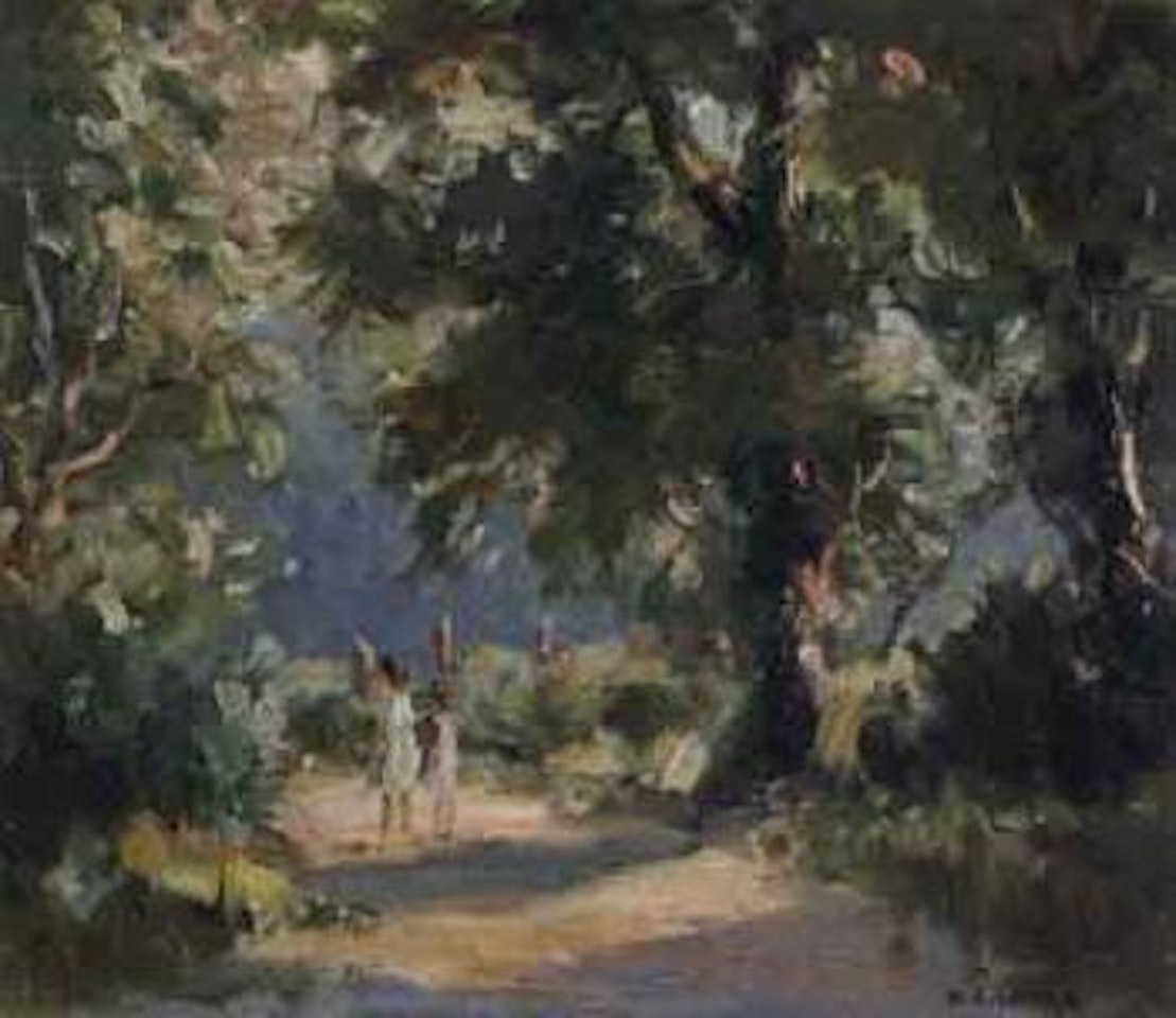 Two girls on a path through the trees by Maurice Canning Wilks