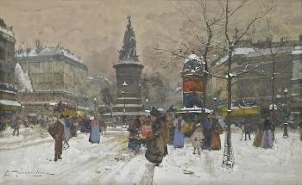 A view of the Place Clichy in winter by Eugene Galien-Laloue