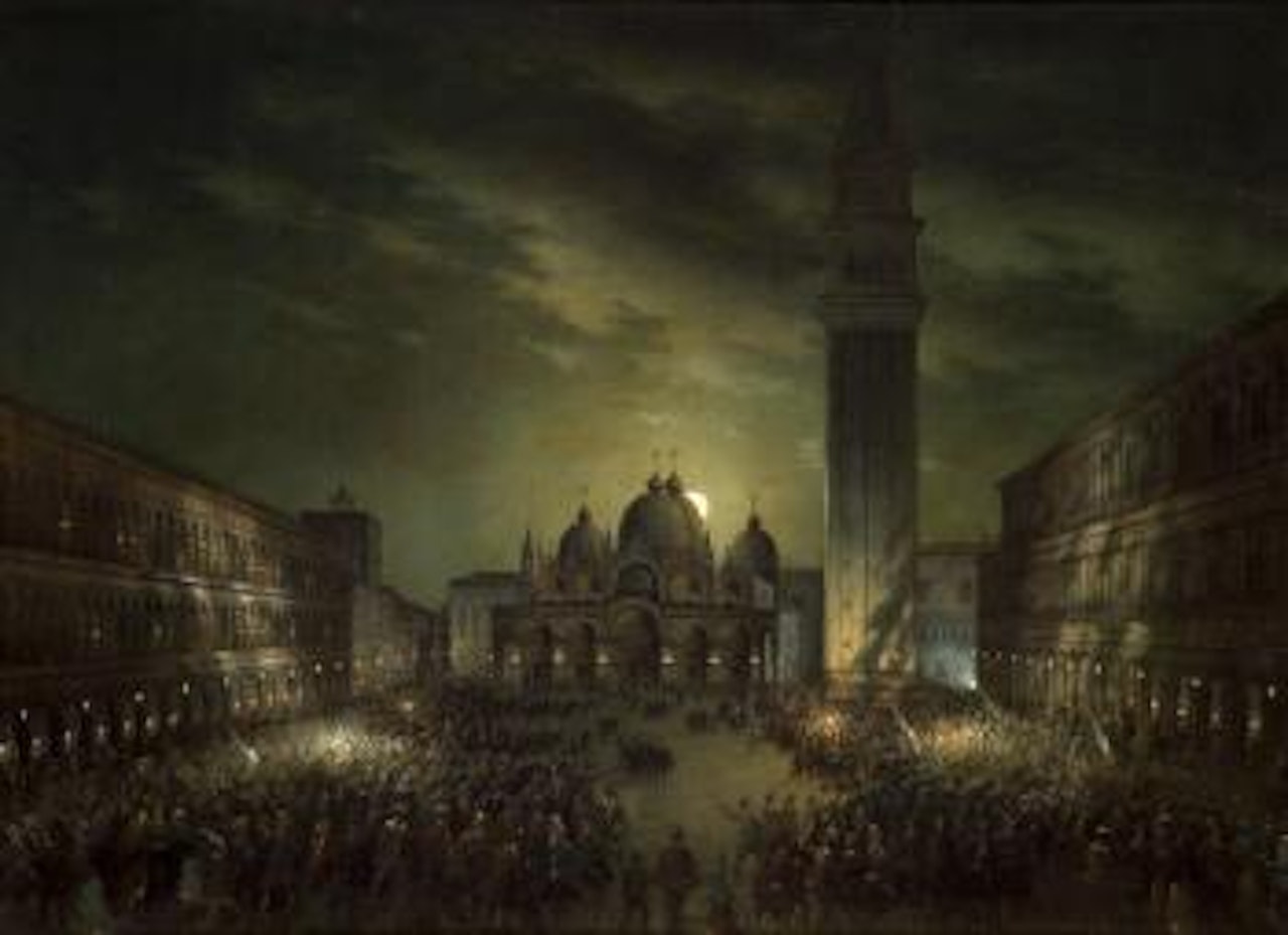 Piazza San Marco with numerous figures at night by Italian School